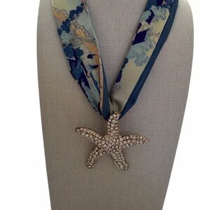 Starfish Rhinestone Pendant Scarf Necklace in Blue and Cream